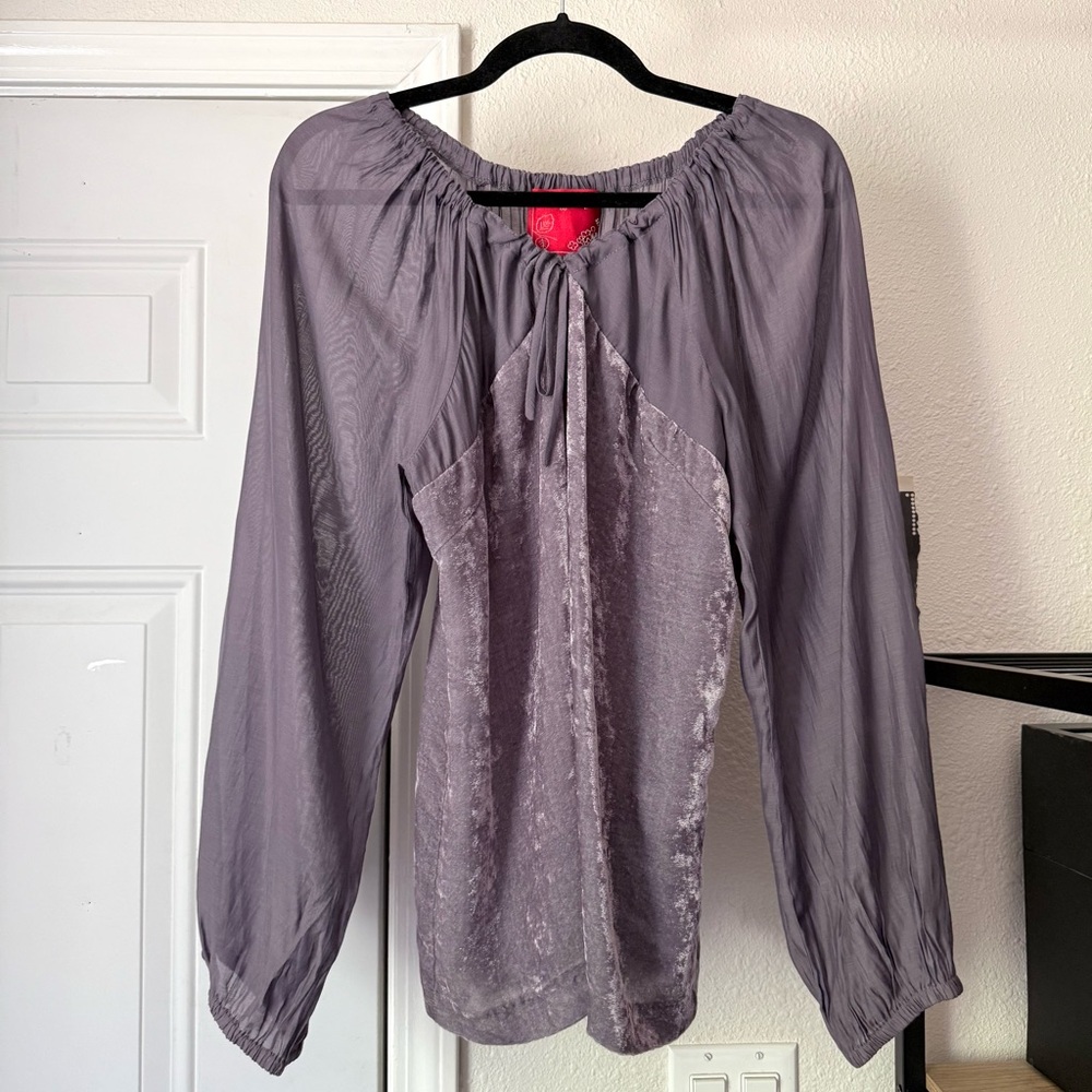 DAZZLE SPIREA Purple sheer puff sleeve off shoulder velvet mixed media blouse